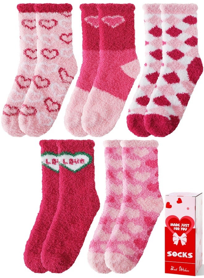 Sandsuced Womens Fuzzy Fluffy Socks Warm Cozy Winter Slipper Thick Crew Fleece Comfy Sleep Plush Heart Socks 5 Pairs Christmas Stocking Stuffers (Pink Love Candy Color,L) - Image 1
